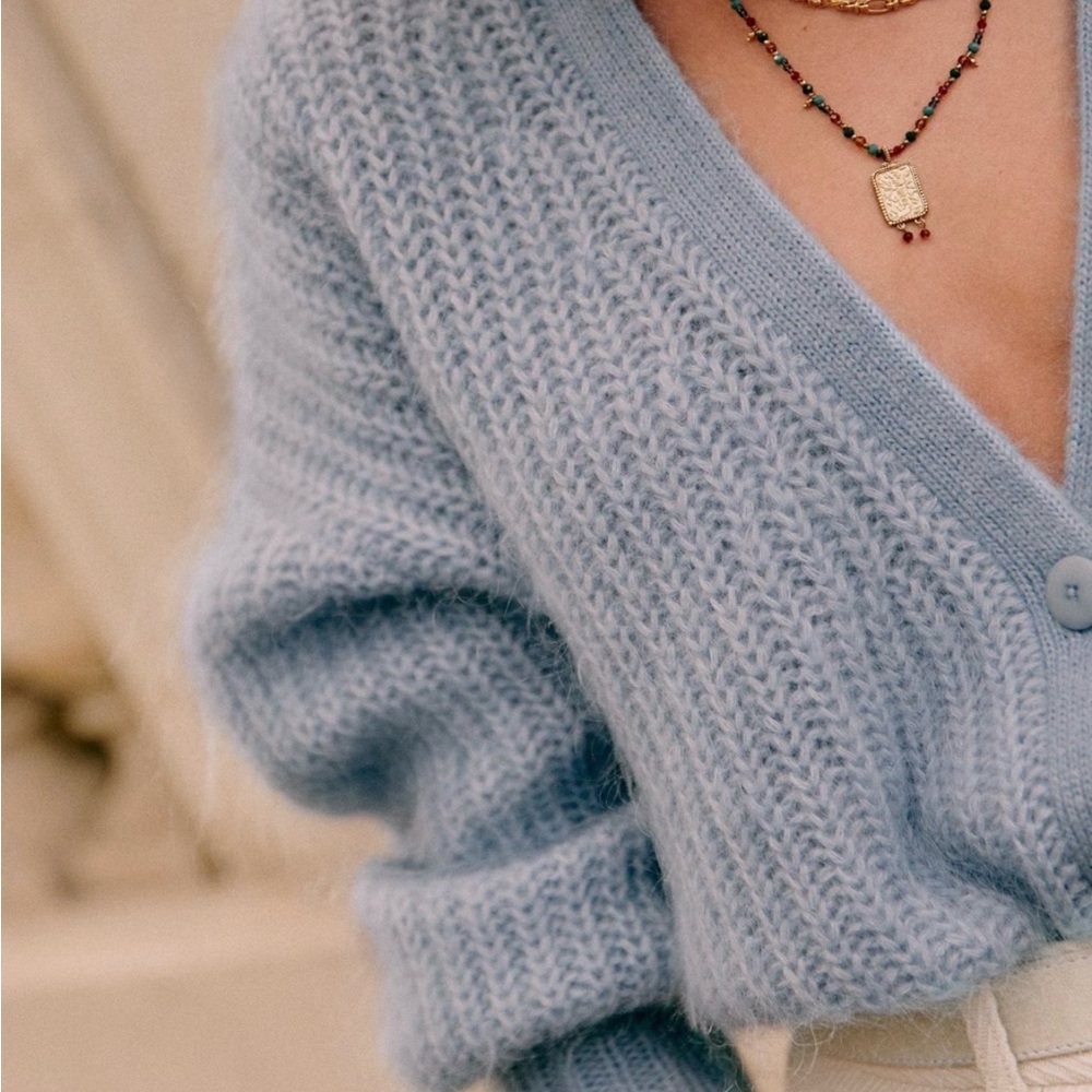 Sézane Vintage Blue V-Neck Achille Cardigan - Picture 4 of 14